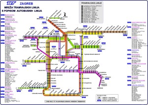 ザグレブ市内を走るトラムの地図