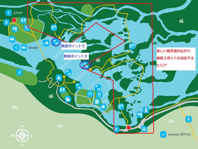 赤枠内は美しい遊歩道が広がり絶景ポイントが点在するエリア